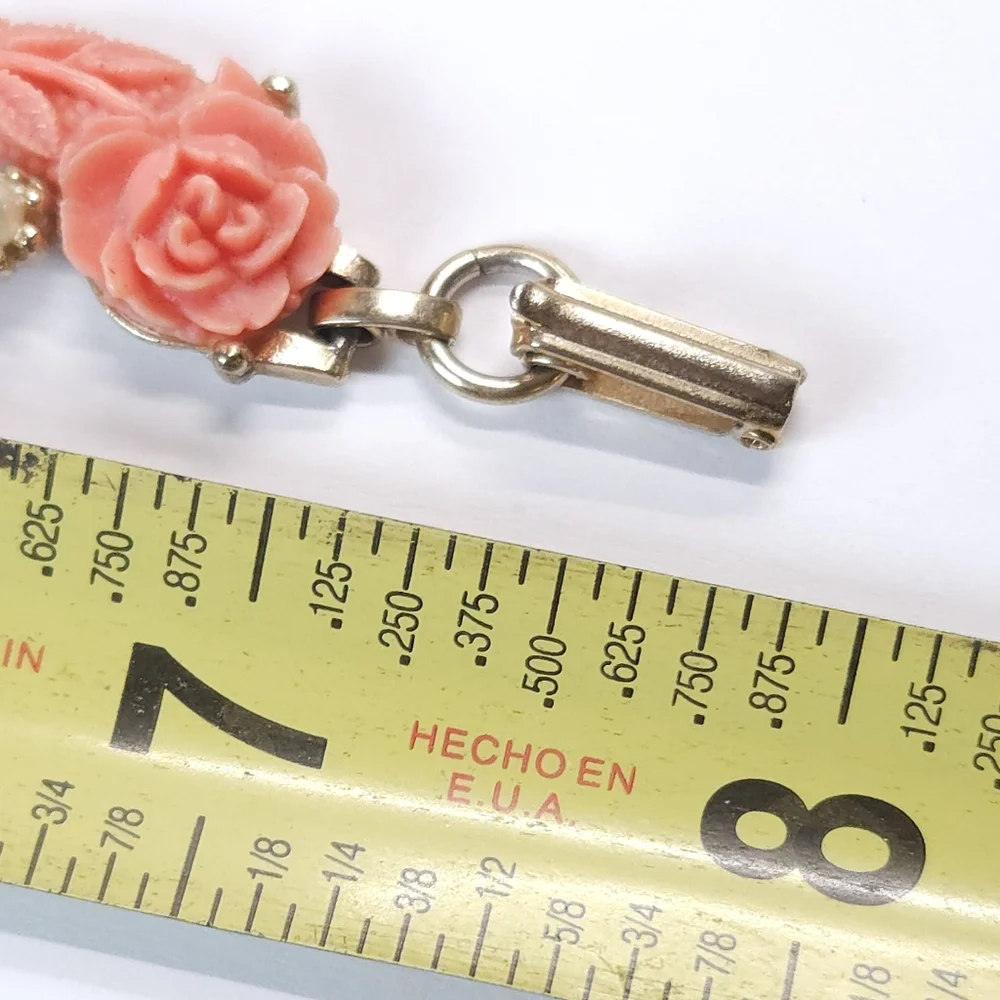 Vintage Carved Celluloid Coral Rose & Faux Pearl Gold Plated Bracelet 7 3/4" - Picture 7 of 7